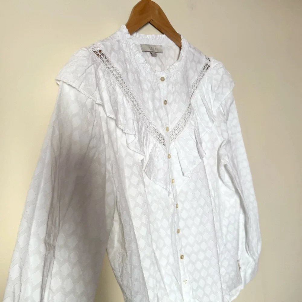 LOFT White Ruffled Button-Up Blouse - Picture 6 of 11